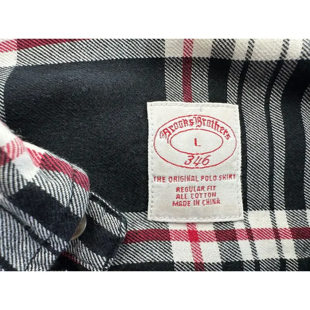 Brooks Brothers 346 L Plaid Button Down Men's Black White Red Cotton Flannel